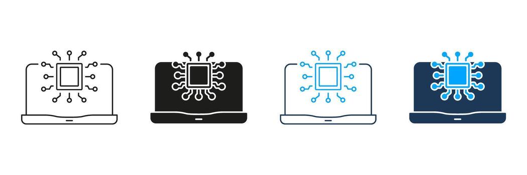 Laptop With Microchip Line And Solid Icon Set. Computer Technology, Digital Processing, And Hardware Integration Symbol Collection. Circuit Board And Computing Power. Isolated Illustration vector