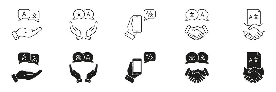 Language Translation And Communication Line And Solid Icon Set. Multilingual Support, Global Interaction. Hand, Speech Bubble, And Handshake Elements. Isolated Illustration vector