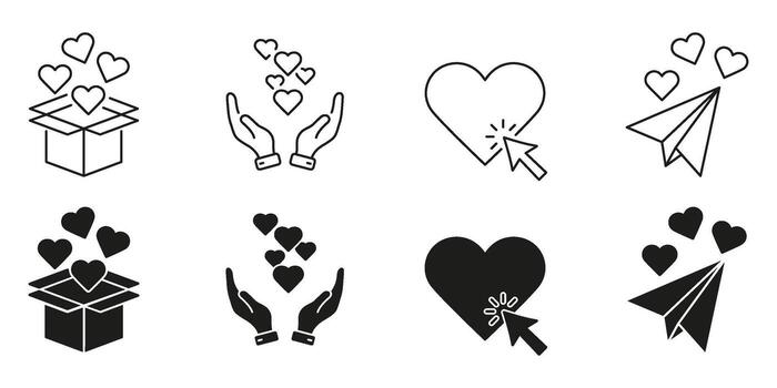 Heart And Love Symbol Line And Solid Icon Set. Romantic Gesture, Affection, And Emotional Connection Symbol Collection. Hearts In Box, Hands, Click, Paper Plane. Isolated Illustration vector