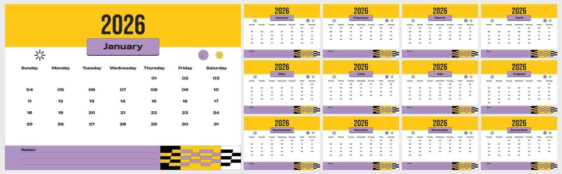 Retro style desk calendar template for 2026. Monthly 2026 calendar layout with a5 size. vector