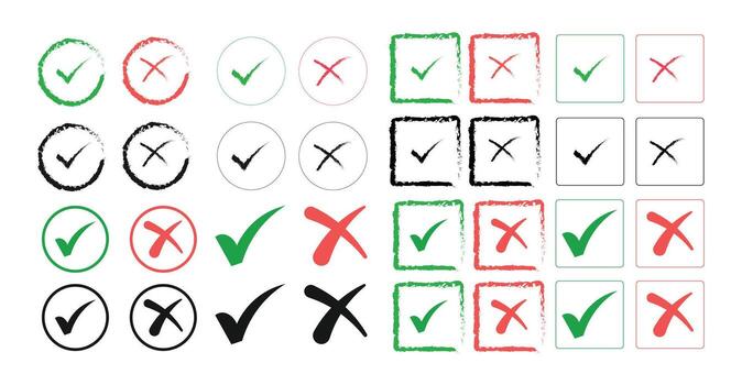 Checkmark and Crossmark Icon Set. Abstract Symbols with Circle and Square Borders for UI, Forms, and Web Design vector