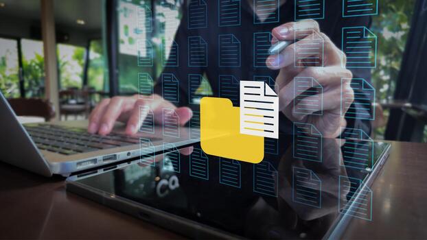 Digital Workspace with Laptop, Tablet, and Floating Document Folder Icons photo