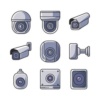 Set of modern security CCTV camera icons showing different surveillance designs for home, office, and industrial monitoring systems on a white background vector