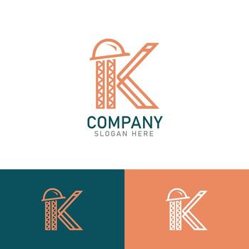 Construction letter K logo design with hard hat and structural lines representing architecture, engineering, and building company identity in modern minimalist style vector