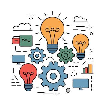 creativo innovación concepto ilustración con ligero bombillas, engranajes, y datos cartas simbolizando trabajo en equipo, tecnología, y ideas para negocio desarrollo y problema resolviendo vector