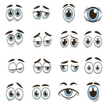 Set of expressive cartoon eyes showing different emotions and moods, perfect for character design, animation, comics, and creative illustration projects vector