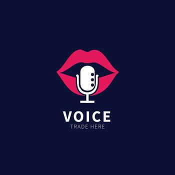 Creative voice logo design featuring a microphone and red lips symbolizing podcasting, broadcasting, audio recording, and vocal communication on a dark background vector