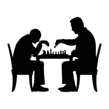 Silhouette of two people playing chess at a table, symbolizing strategy, intelligence, concentration, and competition in a classic board game setting vector