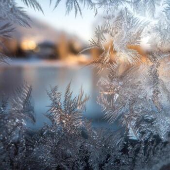 A Frozen Lake Viewed Through a Window with Frost Patterns photo