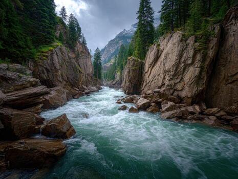 A Mighty River Flows Through a Deep Rock Canyon photo