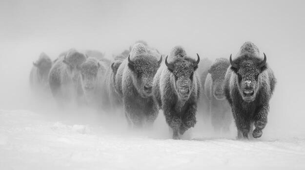 un grupo de bisonte en el difícil invierno de Yellowstone foto