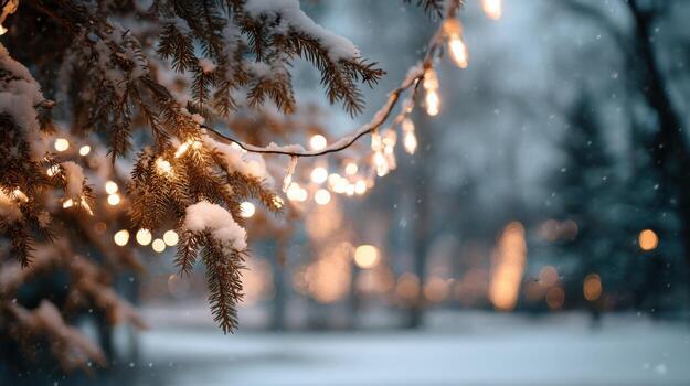 The Magical Effect Of Bokeh Lights On A Snowy Pine Branch photo