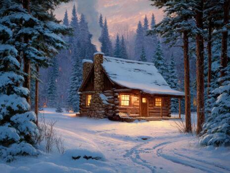 crepúsculo ver de un acogedor Iniciar sesión cabina con brillante ventanas foto