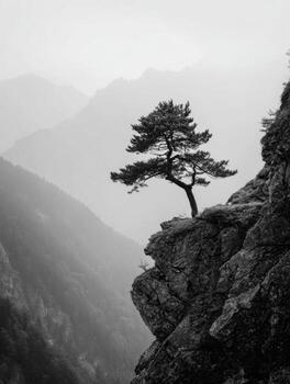 The Solitary Resilience of a Pine in Misty Mountains photo