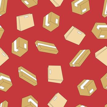 Seamless cardboard parcel boxes pattern background showing packages and parcels on red backdrop, ideal for delivery, shipping, logistics, e commerce, and packaging design projects vector