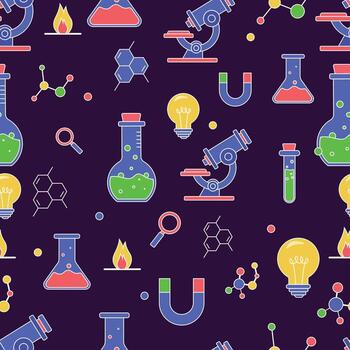 Seamless laboratory pattern featuring microscopes flasks magnets molecules and light bulbs on dark background, perfect for education, chemistry, research, and science design themes. vector