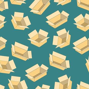 Seamless cardboard boxes pattern background featuring open parcels and packaging on teal backdrop, perfect for delivery, logistics, wrapping, shipping, and product design themes vector