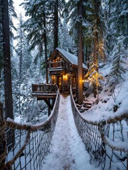 A Magical Winter Hideaway in a Treehouse with Snow photo