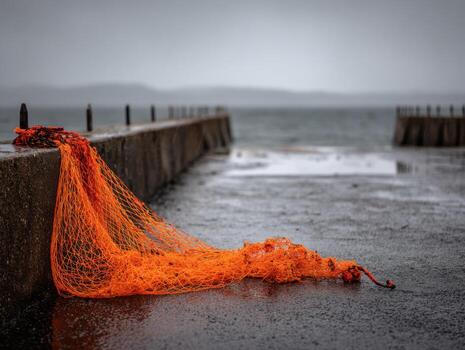 A Lively Orange Net Resting on a Moody Pier photo