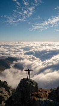 A Successful Hiker Stands on a Summit Over the Clouds photo