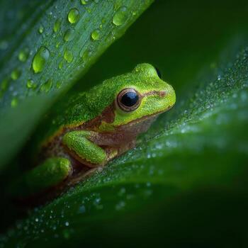 A Colorful Tree Frog on a Leaf After a Spring Rain photo