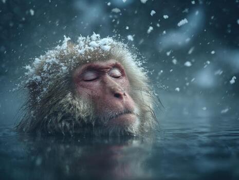 un tranquilo escena de un nieve mono en un caliente primavera foto