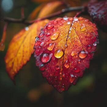 The Reflection of Light in Raindrops on an Autumn Leaf photo