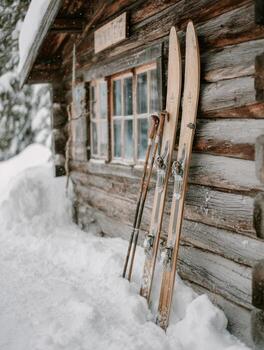 un Nevado Iniciar sesión cabina escena con un par de Clásico esquís foto