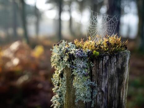 un intrincadamente tejido araña web en un cerca a amanecer foto
