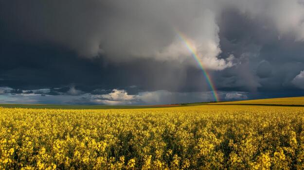 A Rainbow Symbolizing Hope Over a Field in Spring photo