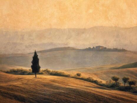 un toscano amanecer con un ciprés árbol en un pictóricamente estilo foto