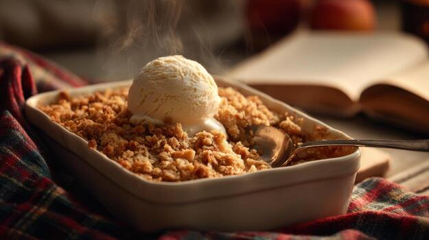 A Serving Of Cozy Apple Crumble With A Scoop Of Ice Cream photo