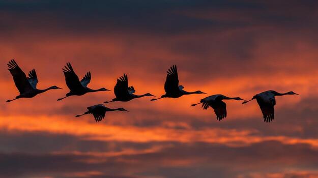 The Journey of Cranes at Sunset photo