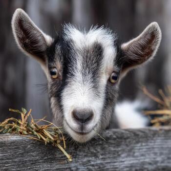 A Pygmy Goat Looks On Curiously Near Some Hay photo