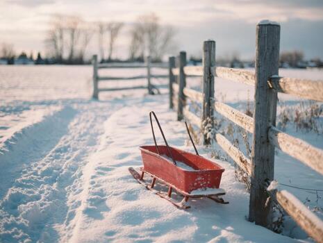 A Winter Scene With A Red Sled And A Snowy Fence photo