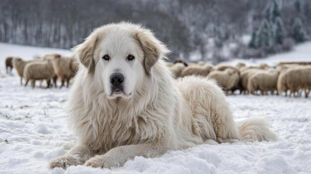 Great Pyrenees Protector Amidst Sheep And Snow photo