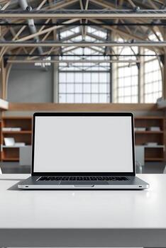 Sleek notebook computer displayed on a contemporary desk with neutral tones and soft lighting photo