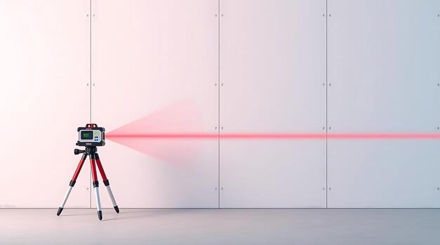 Precision laser level projecting red line in bright construction site ensuring accuracy and perfect alignment every time photo