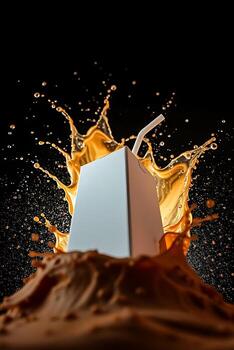 Dynamic splash of fresh juice exploding from a sleek juice box with straw on a glossy black background photo