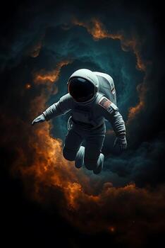 Astronaut explores vibrant nebula clouds in deep space adventure, perfect for science and exploration projects photo