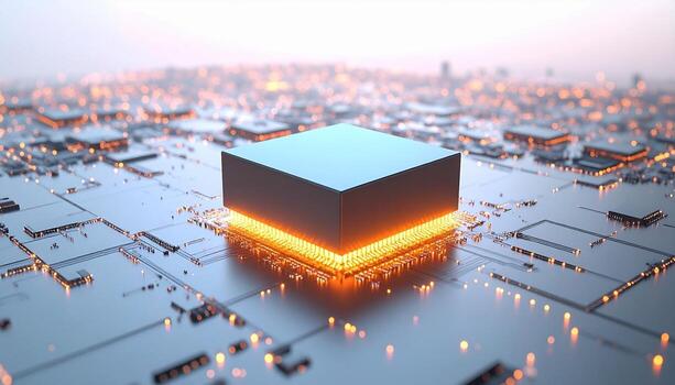 Modern computer chip glowing with power on circuit board for cutting edge technology innovation and cybersecurity solutions photo