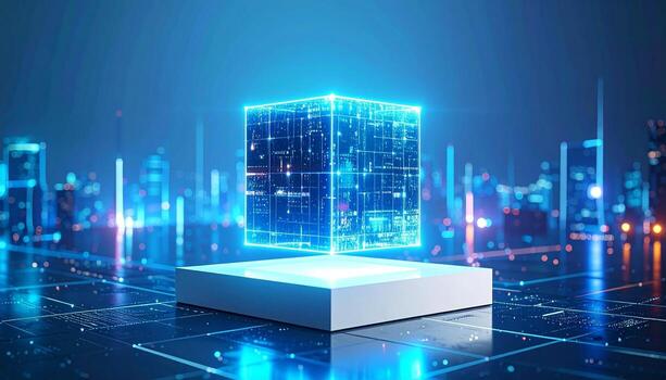 Futuristic data cube floating above platform in luminous digital city, perfect for tech innovation or modern business concepts photo