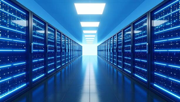 Modern data center with rows of glowing servers for cloud computing or network infrastructure solutions and technology innovation photo