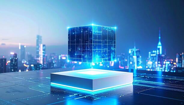 Futuristic technology cube floating above platform with a cityscape background offering modern tech, AI or data solutions photo