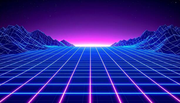 Vibrant retro landscape with glowing grid and mountains for a dynamic tech or gaming background, perfect for futuristic concepts photo