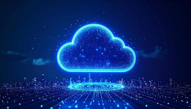 Dynamic blue cloud computing visualization over illuminated futuristic cityscape, symbolizing innovation and data security photo
