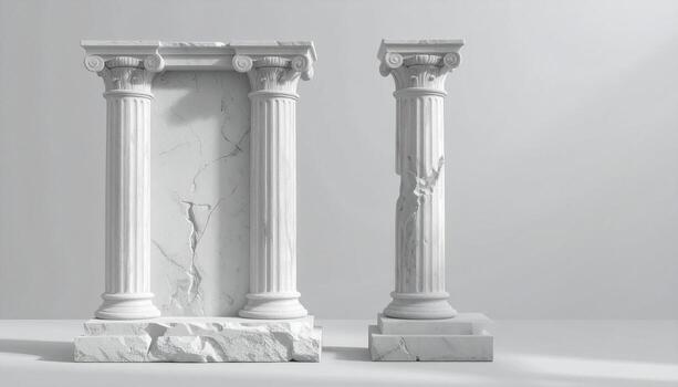 Elegant ancient columns with cracked marble backdrop symbolize history and strength in minimalist studio setting photo