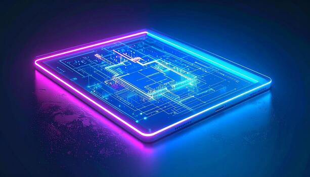 Modern tech tablet with neon glow displaying digital circuit design for innovative business solutions photo