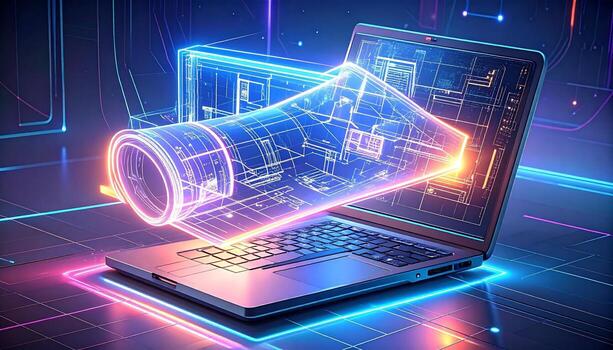 Dynamic architectural blueprints unfolding from a modern laptop screen, design tech innovation visualized photo