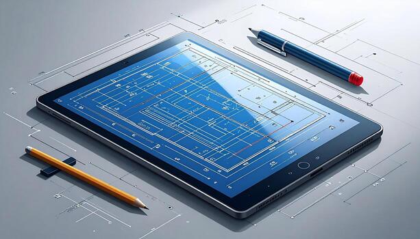 Modern Blueprint App Displayed on a Tablet Featuring Detailed Architectural Plans and Interactive Design Interface photo